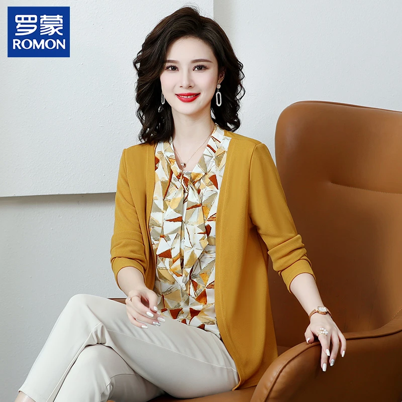 罗蒙名牌妈妈装秋装针织衫中年妇女假两件上衣中老年人春秋季小衫