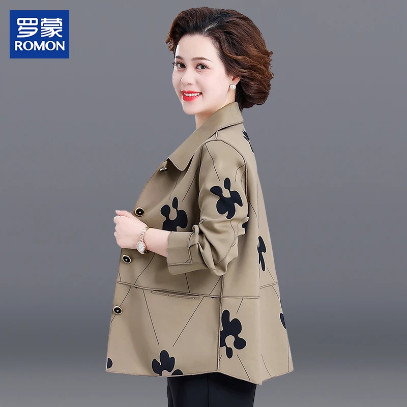 罗蒙洋气妈妈春秋时尚外套中年女洋气印花风衣中老年妈妈秋装外套