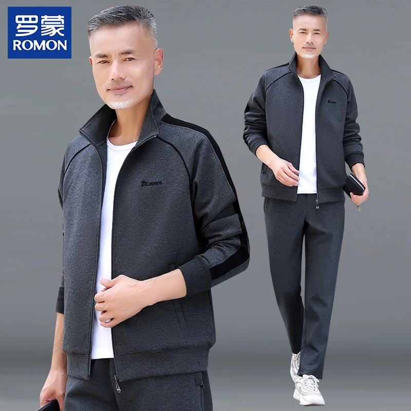 罗蒙名牌中年爸爸春装运动服套装时尚中老年男士春秋季休闲两件套