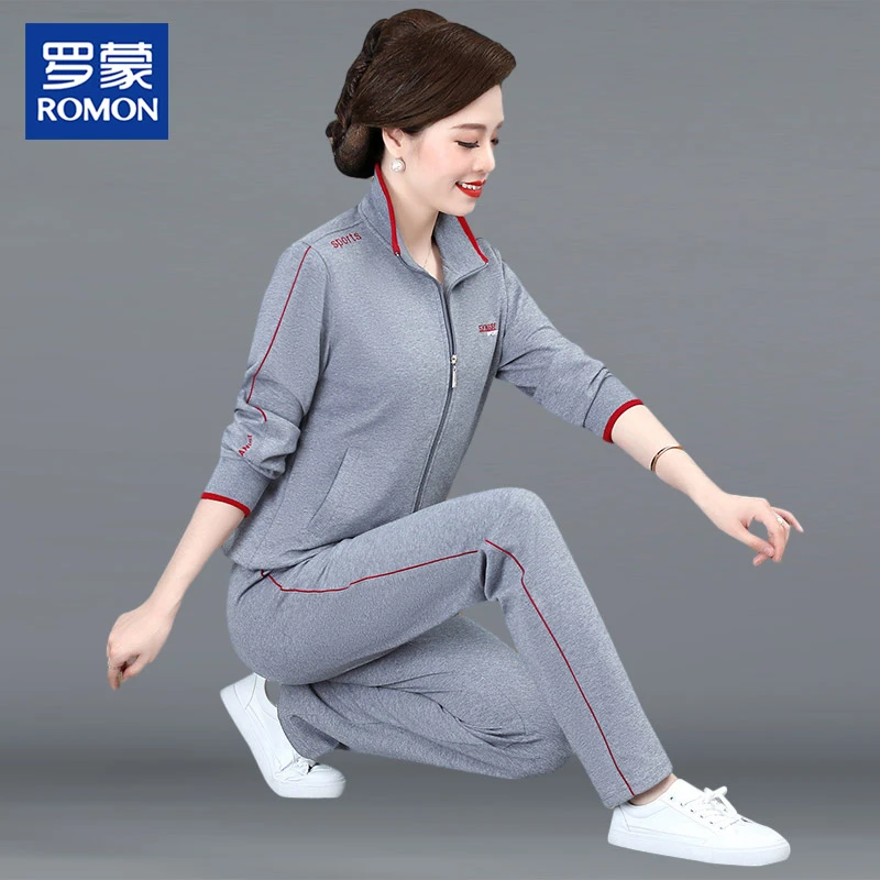 罗蒙名牌妈妈春秋新款洋气运动套装中老年女秋装时尚高档两件套装