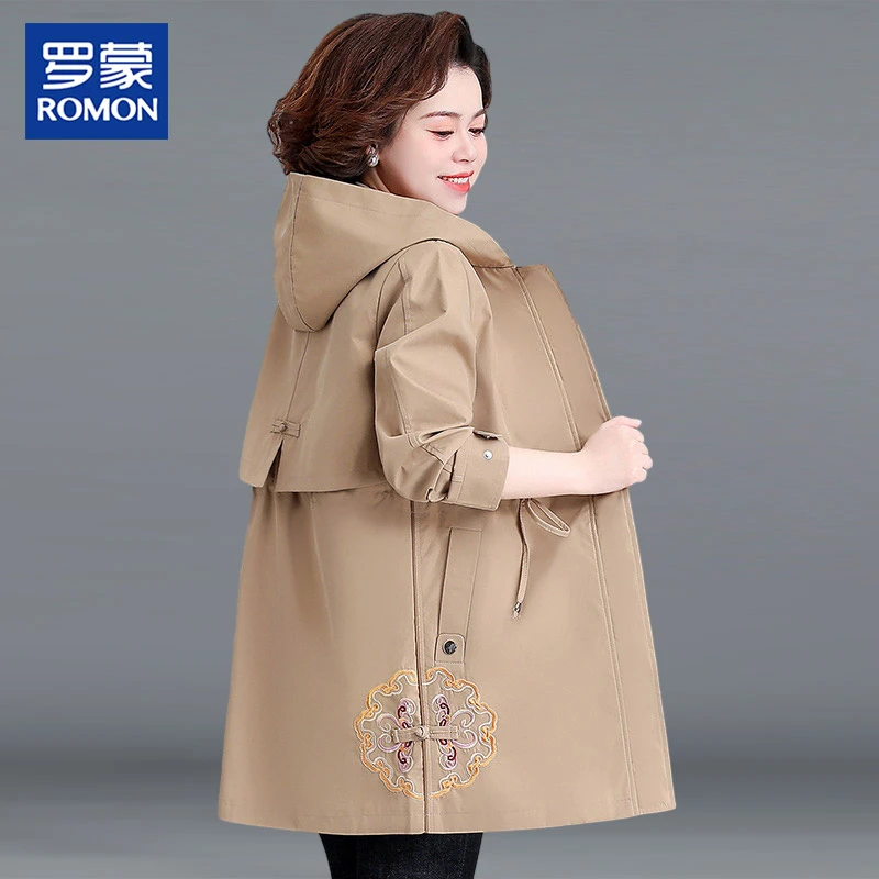 罗蒙品牌妈妈春装洋气绣花连帽外套2025新款中老年女春秋气质风衣