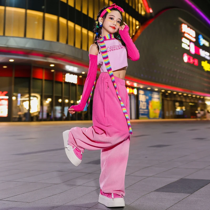 儿童爵士舞服装潮酷连袖露肩上衣套装女童舞蹈服多巴胺走秀潮服女
