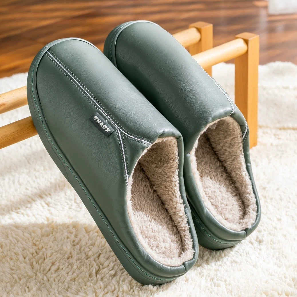 防水男士棉拖鞋秋冬季2024新款家居室内保暖防滑厚底皮面棉拖鞋女