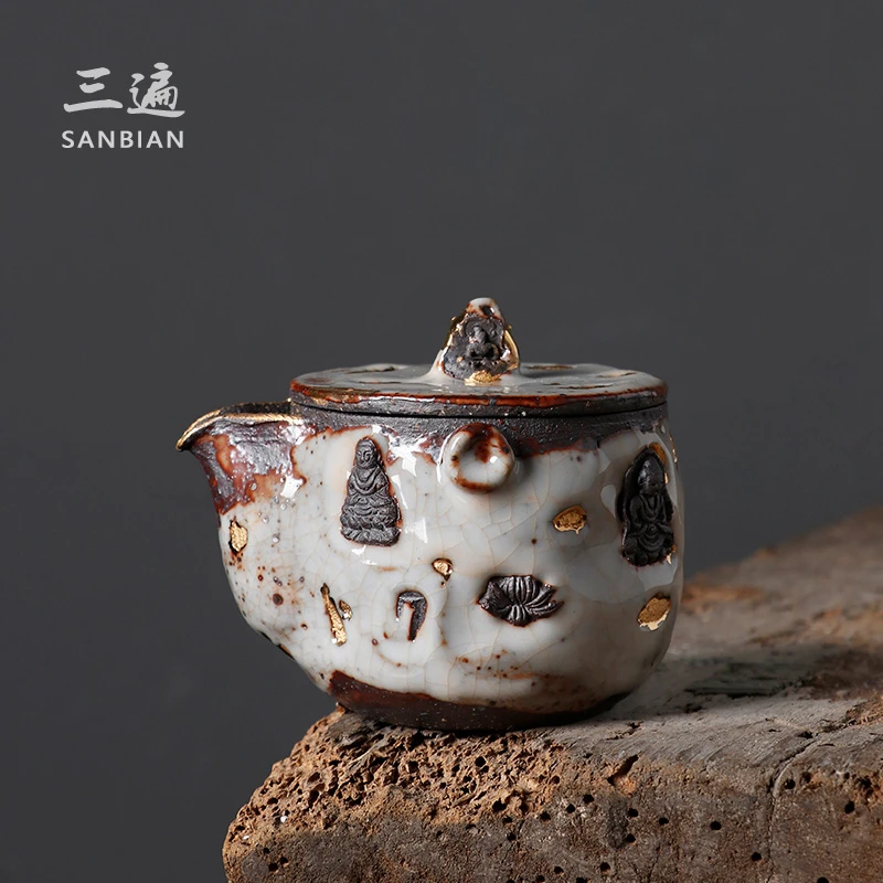 高越手作敦煌志野手抓壶复古粗陶描金宝瓶茶壶茶柴烧盖碗g009