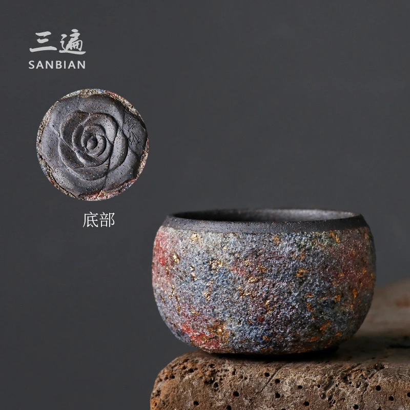 手作玫瑰花岩矿茶杯主人杯高越陶瓷茶盏品茗杯柴烧老岩泥个人品杯