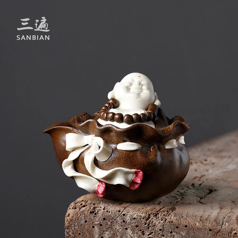 黄秋阳手作柴烧弥勒佛宝瓶 纯手工粗陶裸烧自然落灰釉手抓壶盖碗