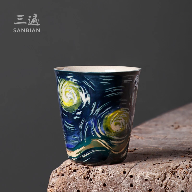梵高 手绘星空油画风品茗杯创意陶瓷家用茶杯单杯个人茶具主人杯