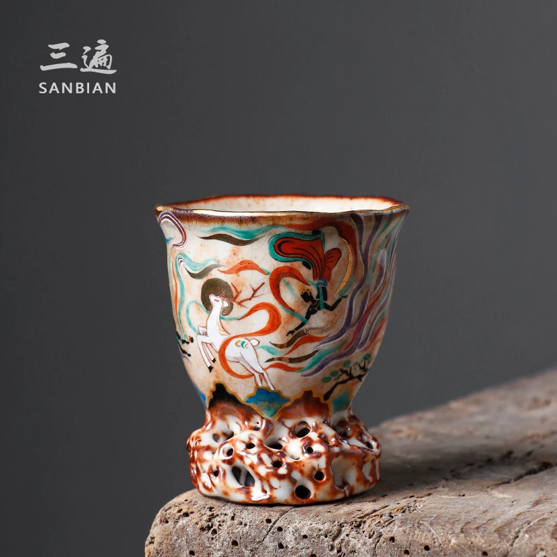 九觉堂 柴烧手绘敦煌飞天文创主人杯景德镇市茶杯粗陶志野品茗杯