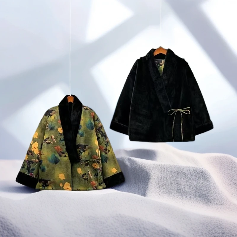 秋冬双面双穿国风上衣皮毛一体新中式宽松提花加厚外套女款090