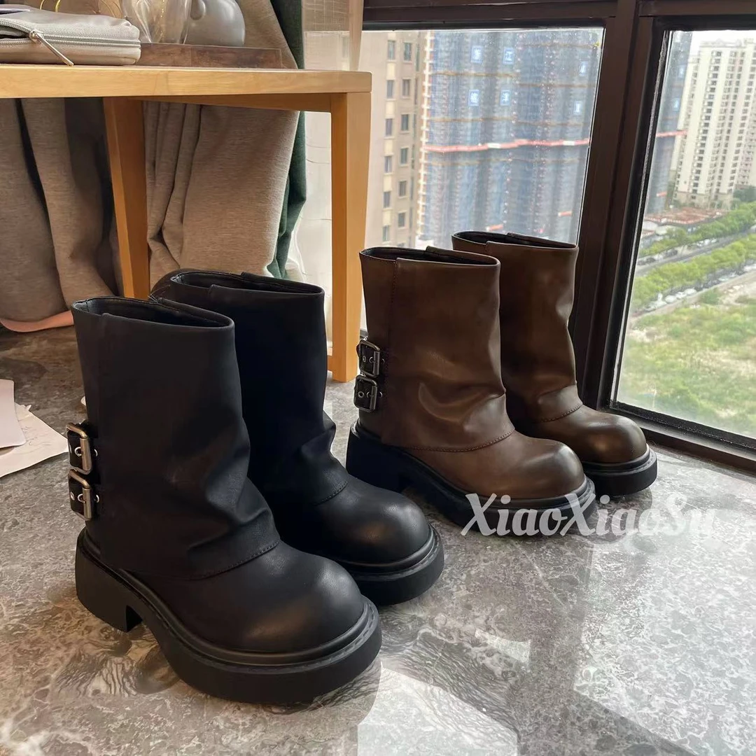 糖糖夏季新款厚底女时尚靴百搭休闲潮流高帮英伦风黑色加绒秋冬