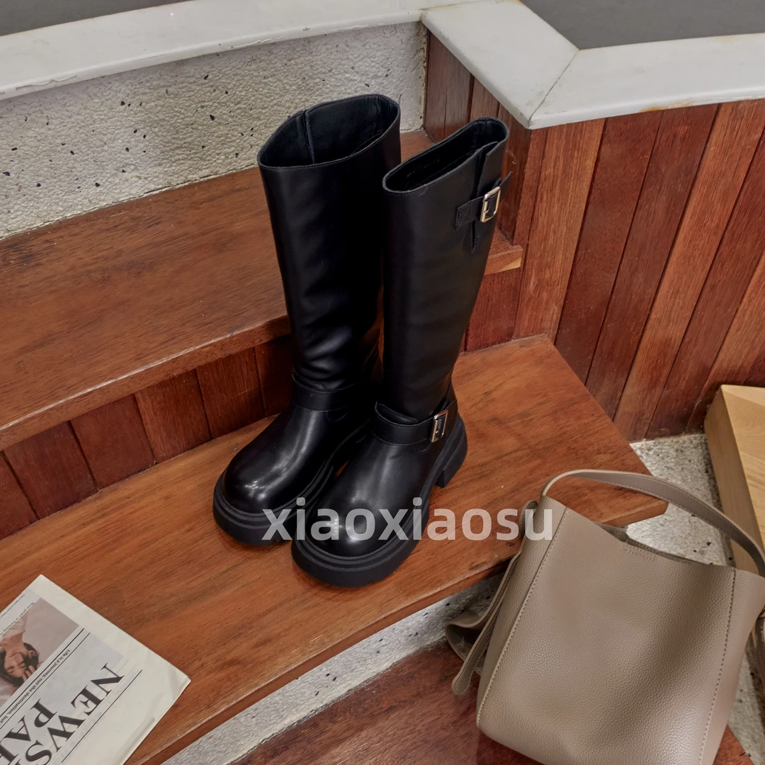 小小苏小众款[骑士]靴子皱皱靴变扣长靴厚底骑士百搭厚底骑士靴