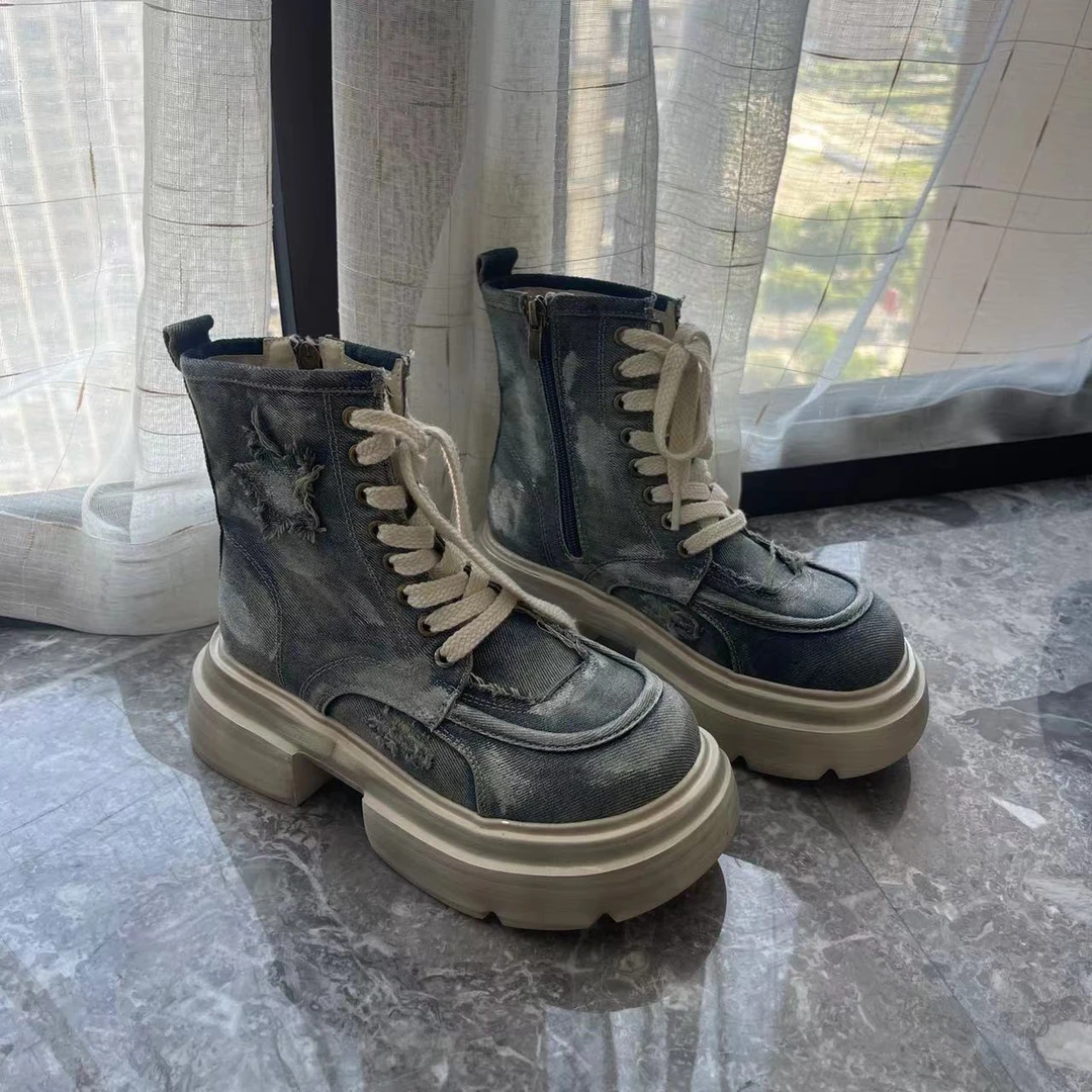 糖糖【水洗牛仔】2024夏季新款厚底网靴女丝带时尚镂空马丁靴休闲