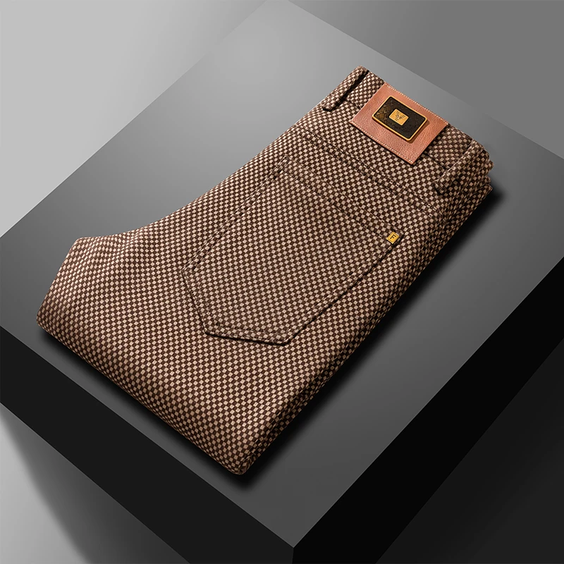 格纹男秋冬裤子弹力修身中腰直筒加厚时尚百搭商务休闲裤垂顺抗皱