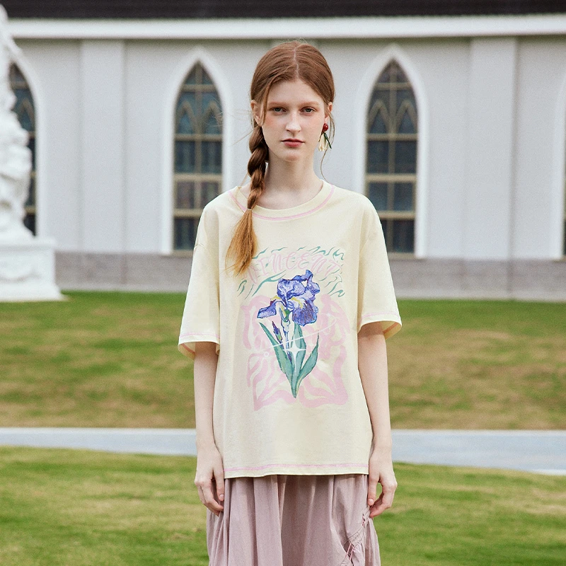 【两三事】奇喵物语 复古油画印花棉质短袖t恤女S24CT018