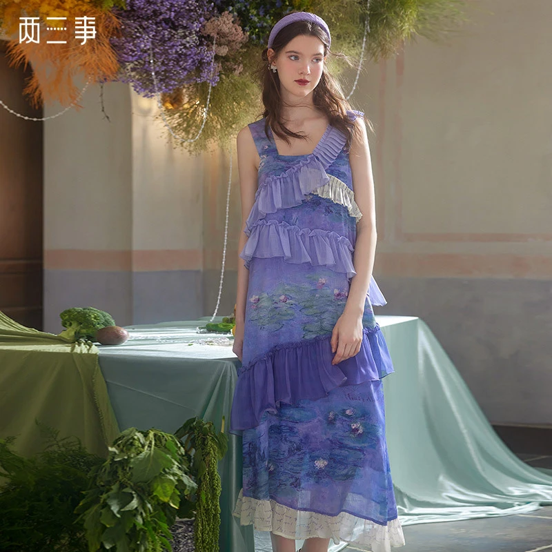 两三事云雾睡莲印花荷叶边拼接无袖连衣裙S23XLY062