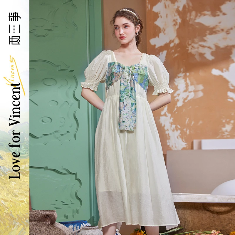 两三事梵高艺术蝶影几度2023夏季新款印花蝴蝶结拼接假两件连衣裙