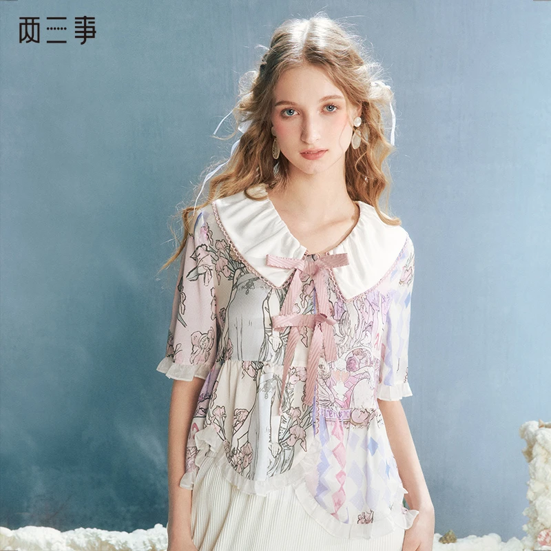 【老板娘夏天】两三事花盈诗颂 蝴蝶结翻领印花雪纺衫S24CLS010