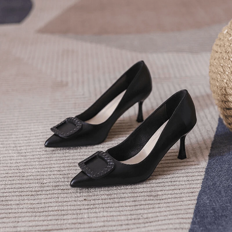 2025春秋季新款软皮细跟单鞋女四季鞋尖头中跟通勤女鞋职业高跟鞋