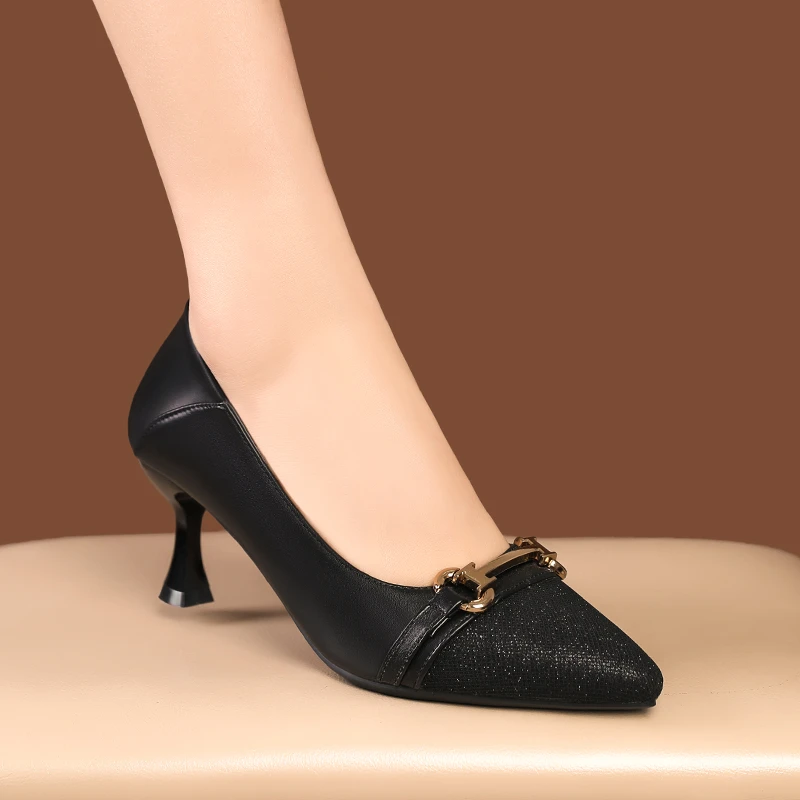 高跟鞋女细跟2025新款春季真软皮尖头浅口单鞋气质名媛百搭工作鞋