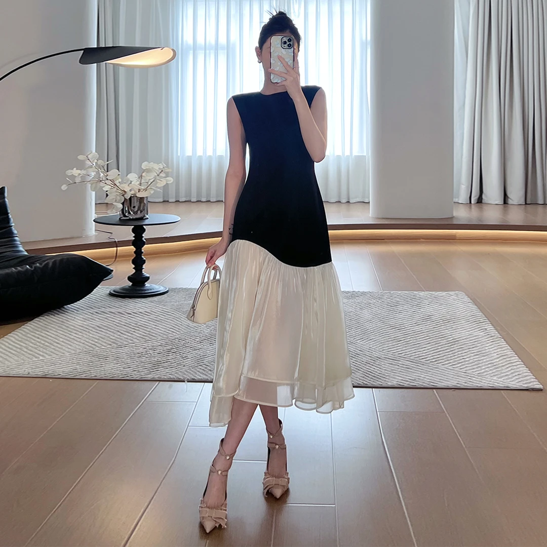 新款现货【梦幻气质】拼接连衣裙女收腰显瘦气质a字法式长裙LZ1259