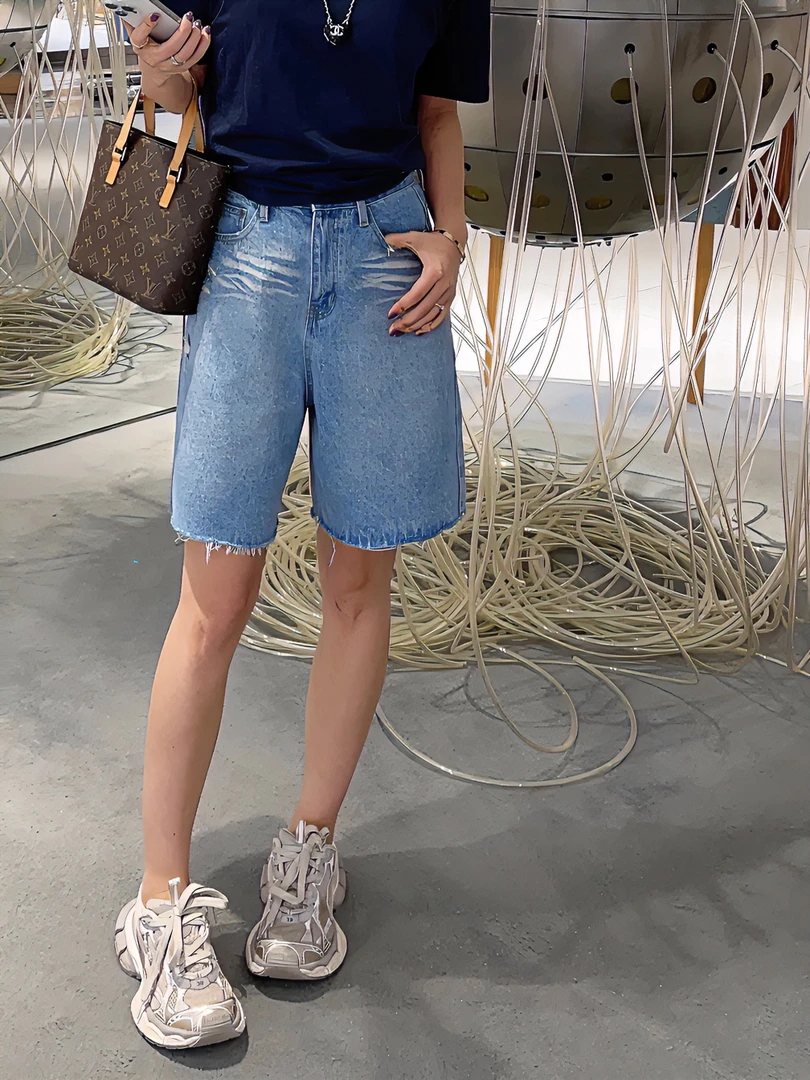 【U娜】夏季百搭休闲高腰毛边破洞五分牛仔短裤