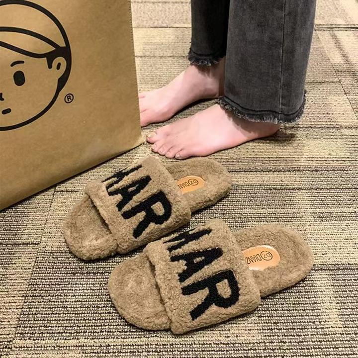 字母女外穿平底新款2024网红时尚百搭韩版秋冬毛毛拖鞋毛拖鞋外穿