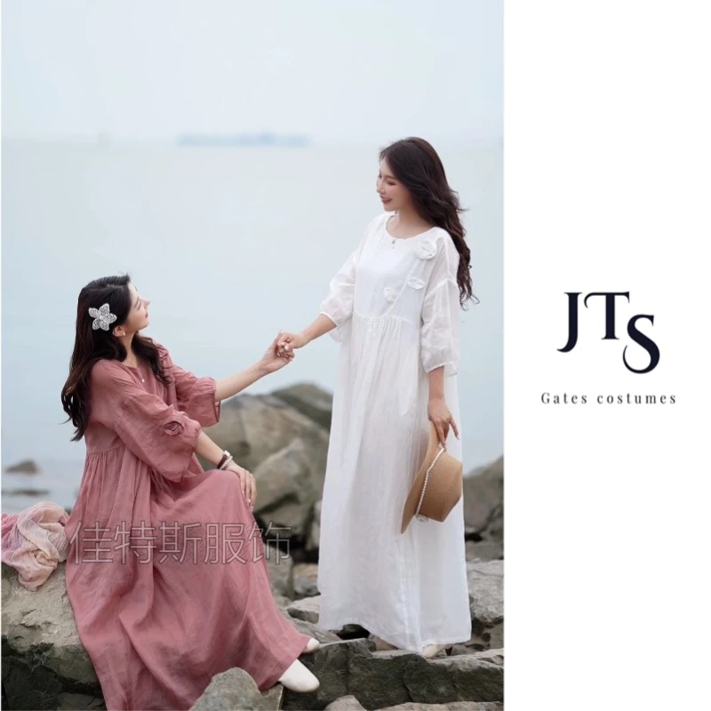 Q6113#手工立体扎花风琴粘褶宽松显瘦气质夏季仙气苎麻女装连衣裙