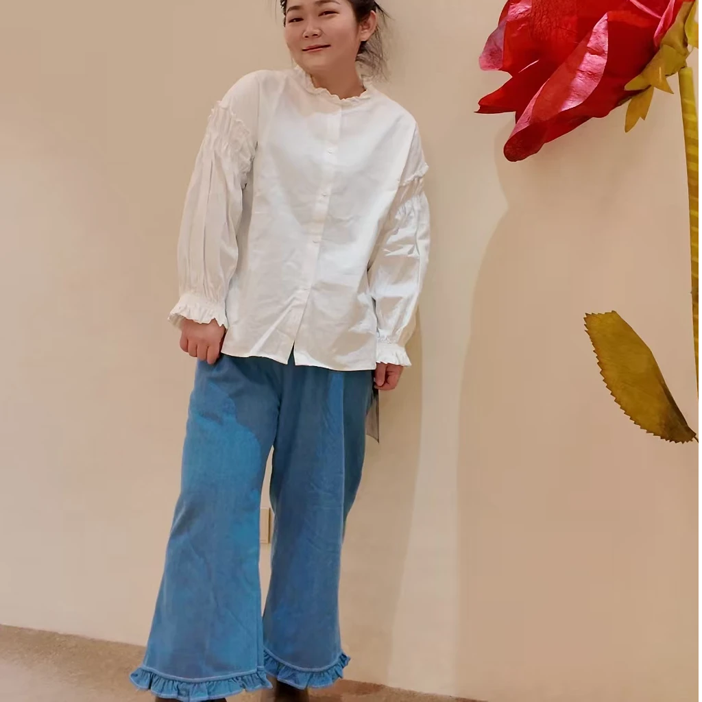 大博姐冬季文艺范森系小清新水洗牛仔木耳加绒散口花边裤2209