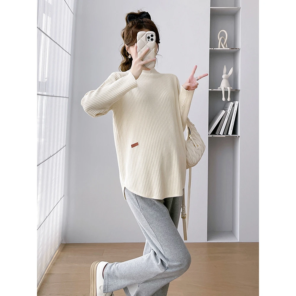 孕妇毛衣女宽松秋冬款上衣时尚孕妇装半高领打底衫外穿针织衫外套
