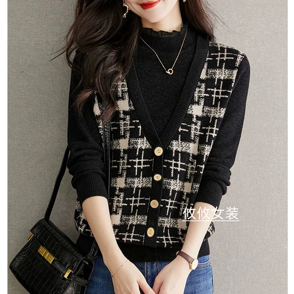 黑白针织马甲背心女士韩版时尚千鸟格毛衣坎肩针织背心开春洋气