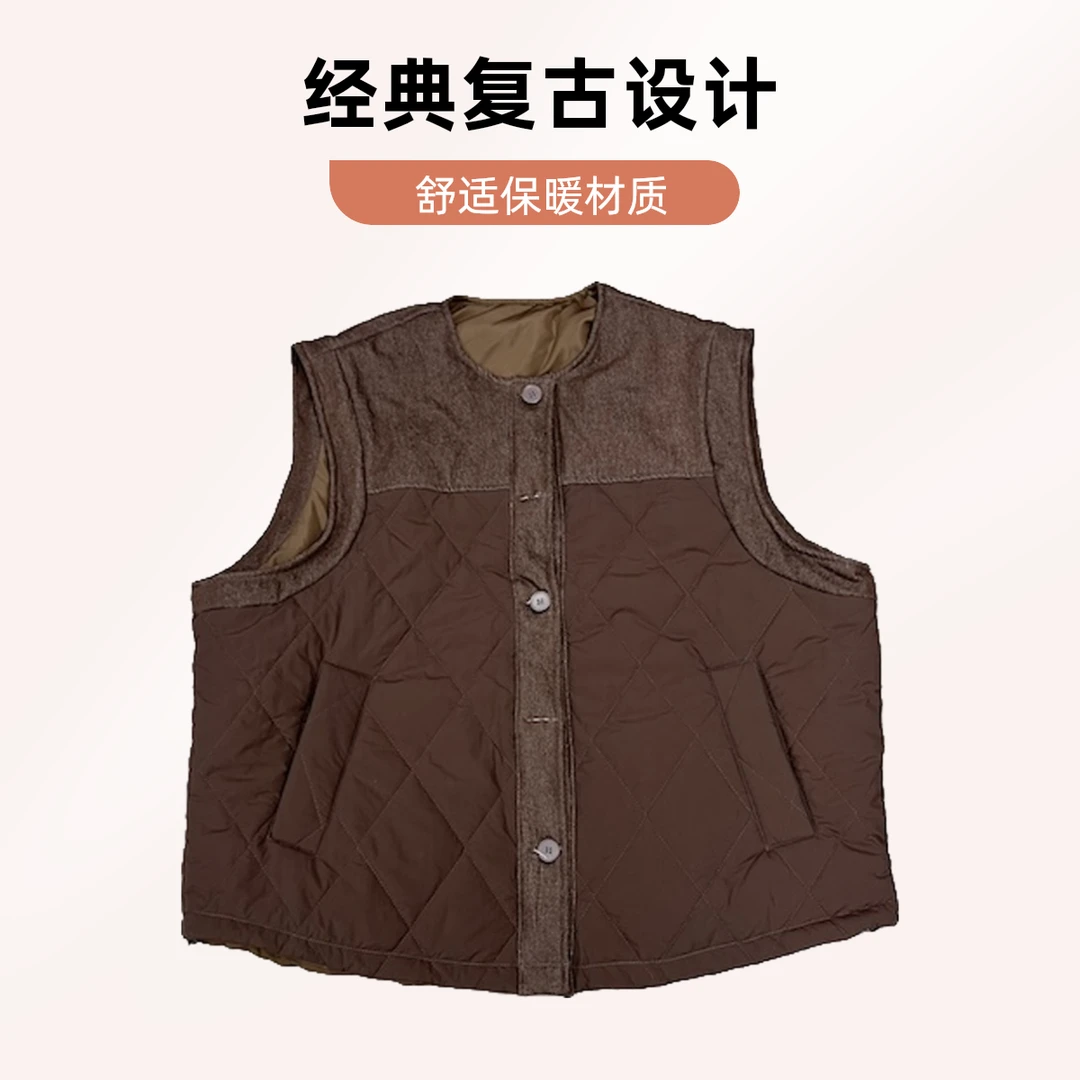 【杨英家领菱格设计拼接牛仔】复古雅丹风撞色港风夹棉马甲88108