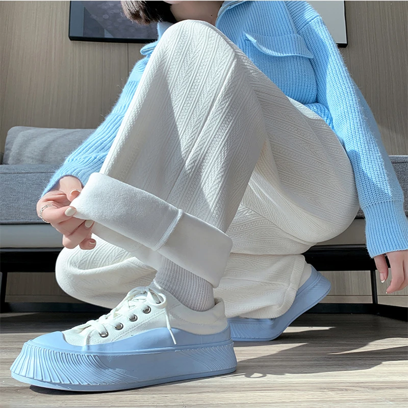 麦穗纹雪尼尔女春秋冬加绒加厚阔腿高腰垂感直筒休闲拖地宽松女裤