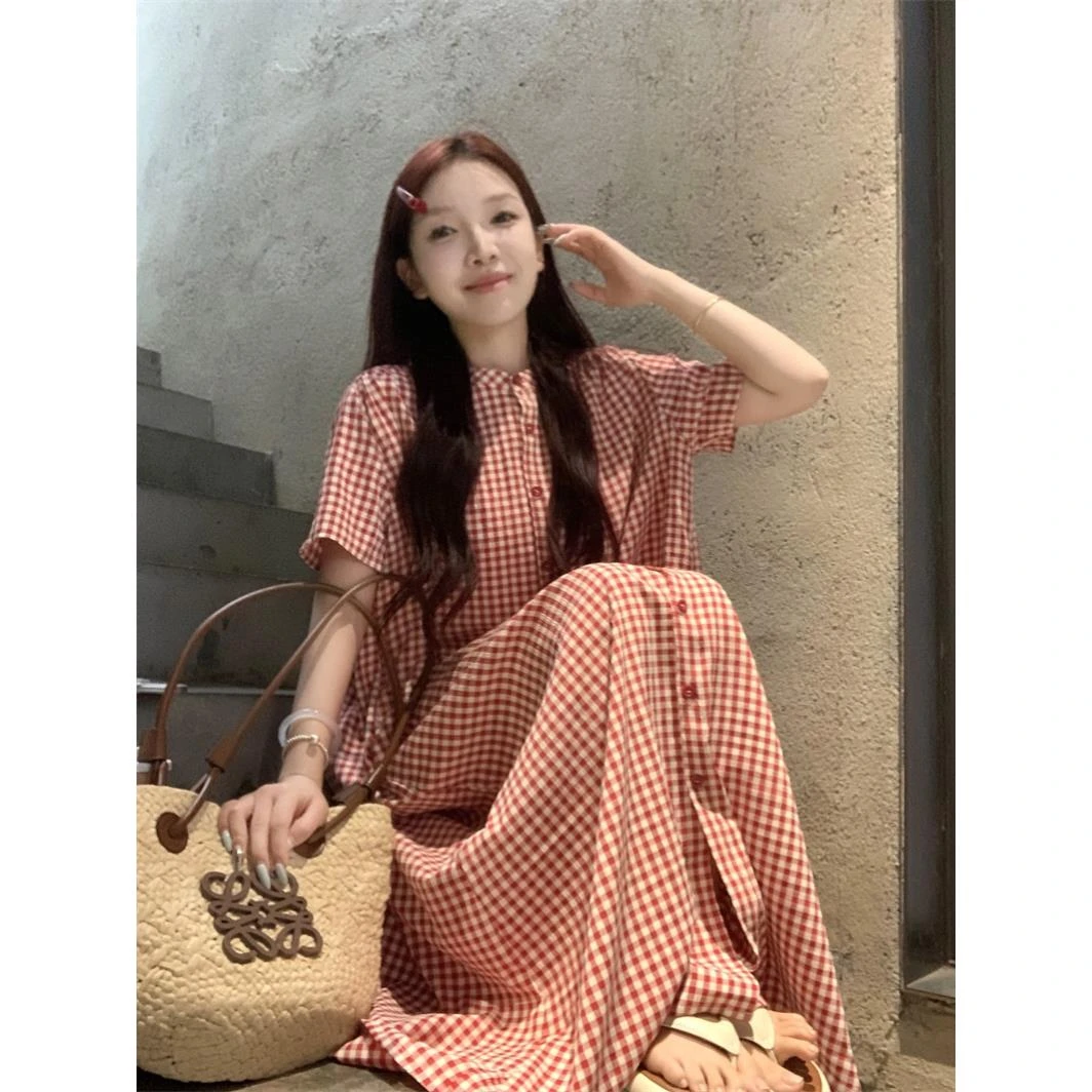 Umi柚米 日系复古学院风立领气质宽松显瘦单排扣过膝短袖孕妇长裙