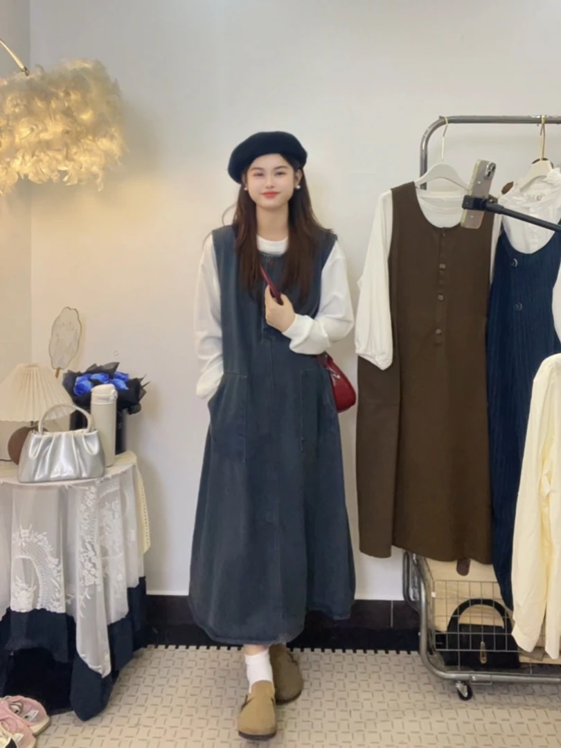 Umi柚米 2025春秋新款孕妇装大码显瘦牛仔背带裙休闲套装两件套