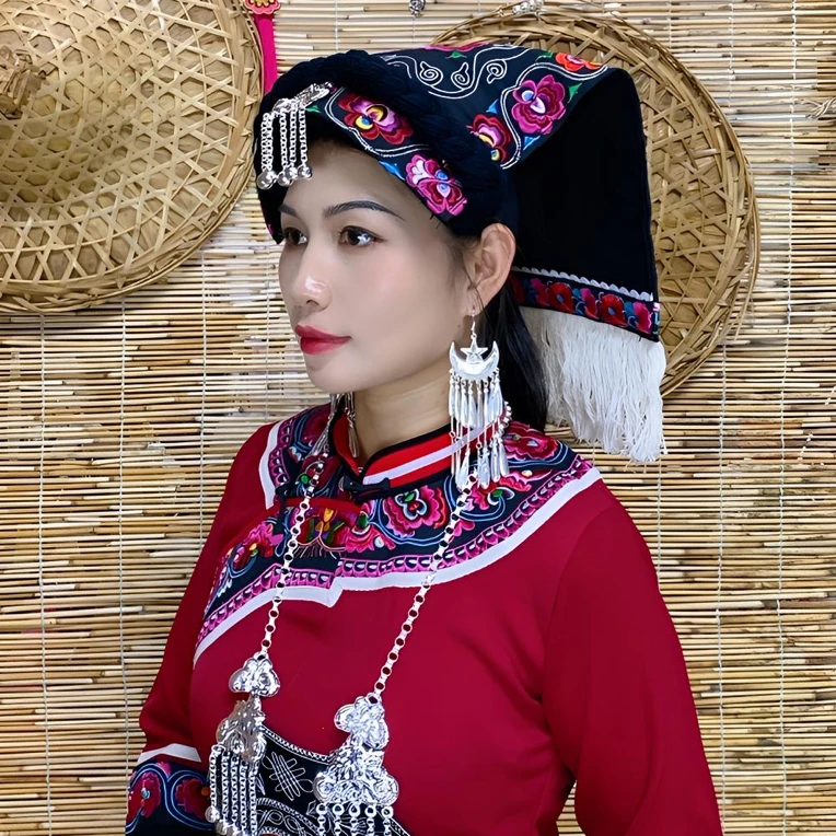 彝族服装彝族帽子少数民族帽子一片式彝族绣花帽子