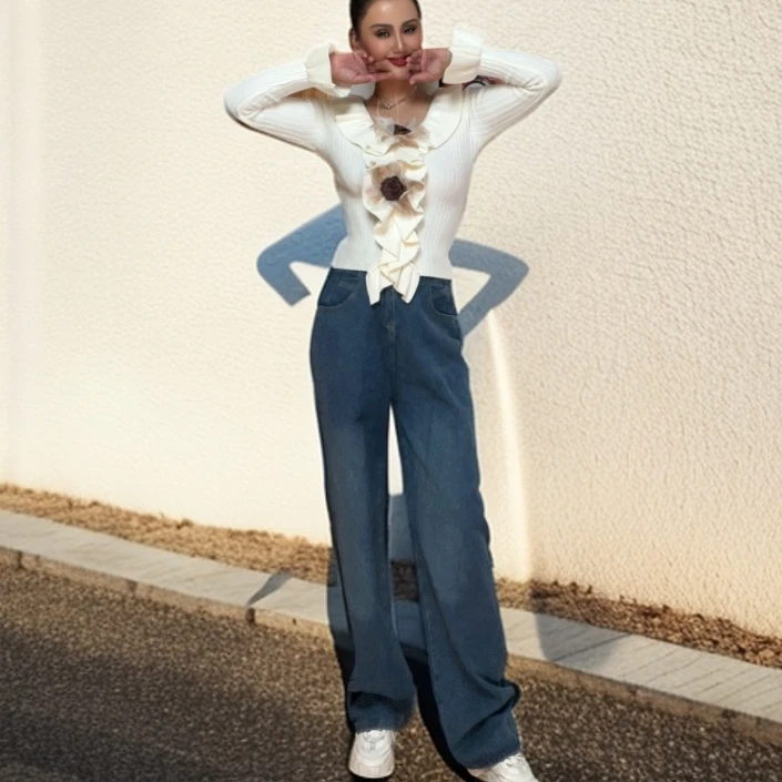 浅蓝色阔腿时尚百搭修身显瘦显高高腰加长牛仔阔腿裤大脚牛仔裤