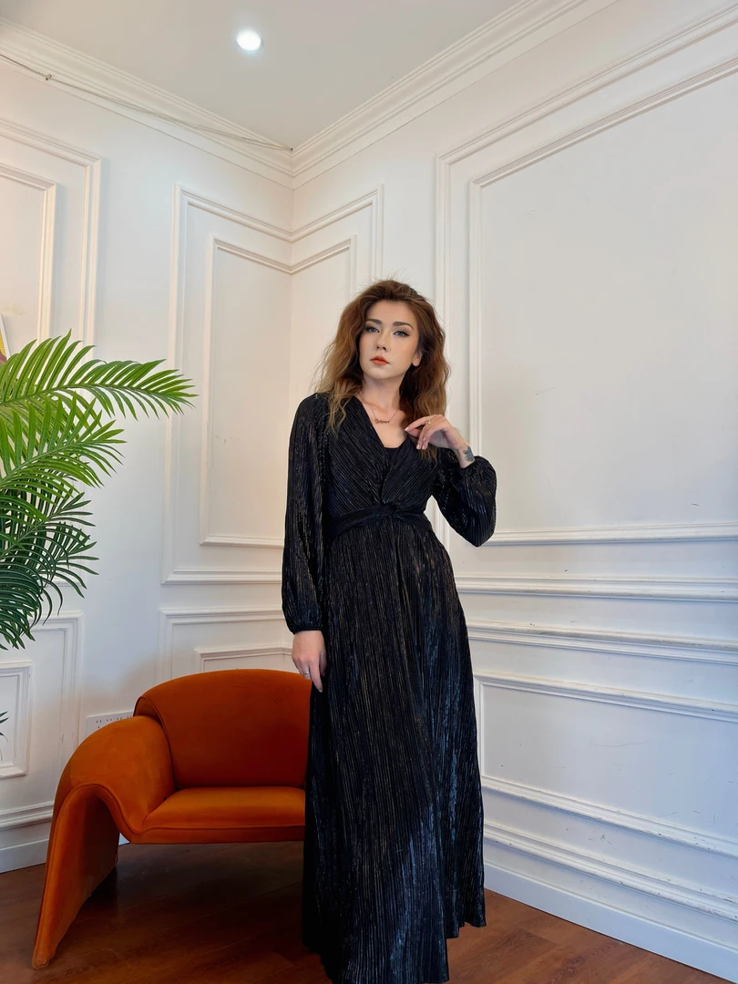 欧式复古秋冬显瘦闪亮冰丝类连衣裙