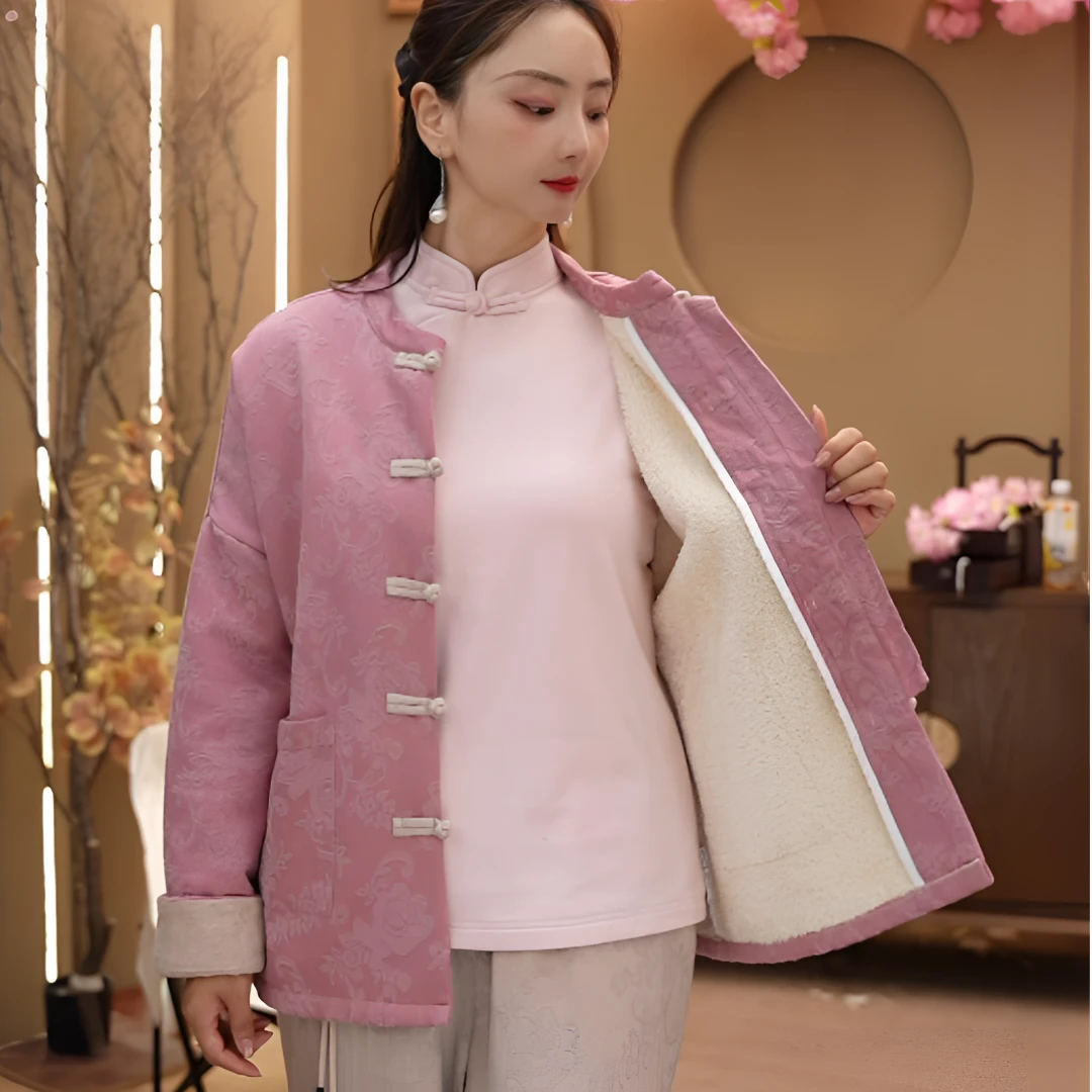 南南2024年冬季新款中式国风盘扣立领加绒加厚外套女装0011