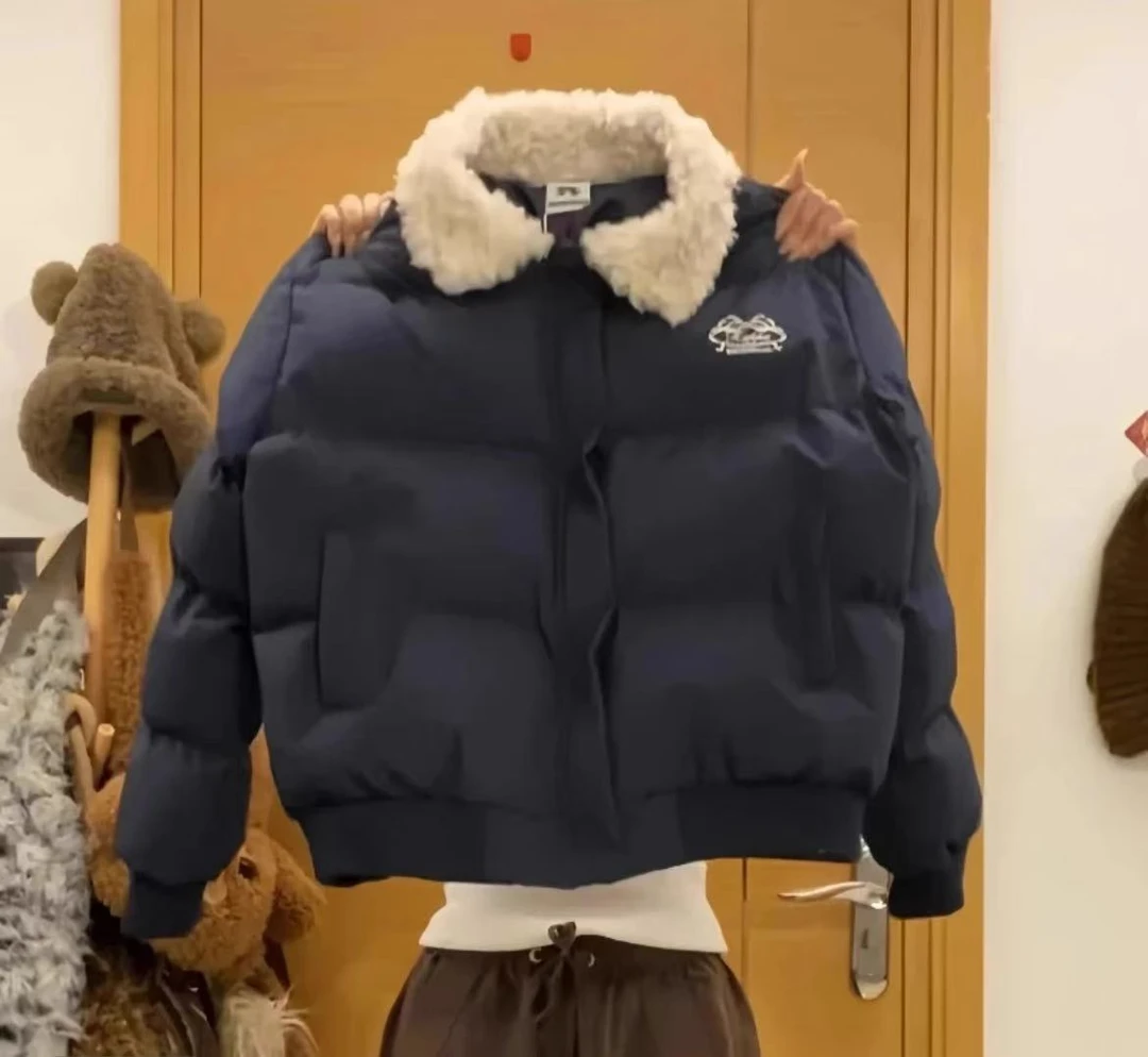 2024美式新款复古短款棉服外套2024冬季翻领加厚学生保暖棉衣