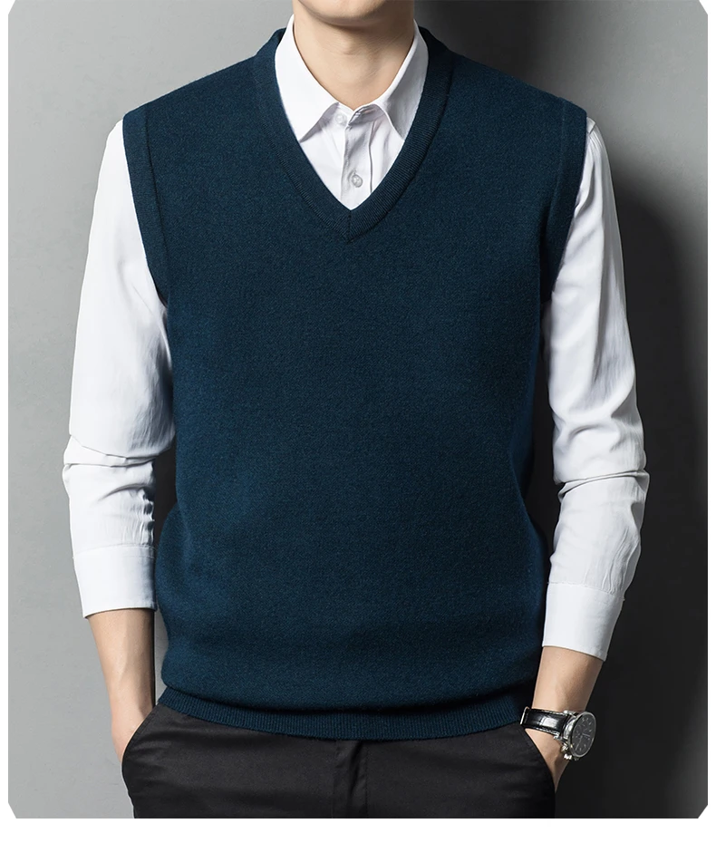 秋冬季男士V领毛衫背心商务保暖打底绵羊毛衫可机洗绵羊111
