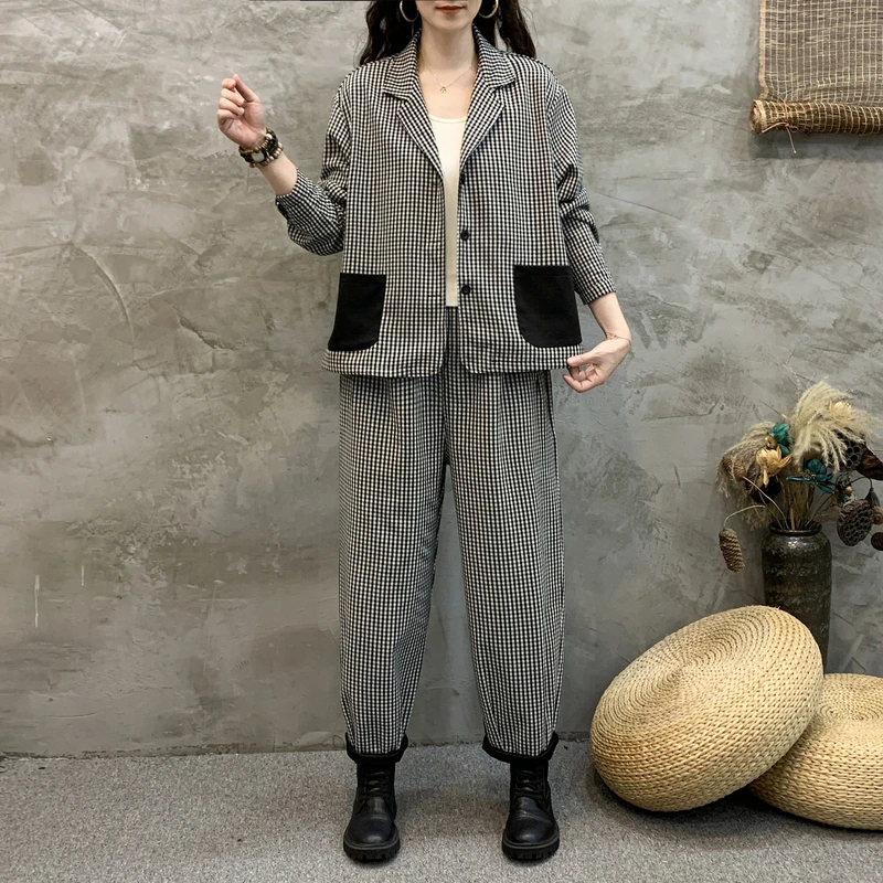24年新买时尚休闲复古宽松格子韩版春秋妈妈装套装大码长袖两件套