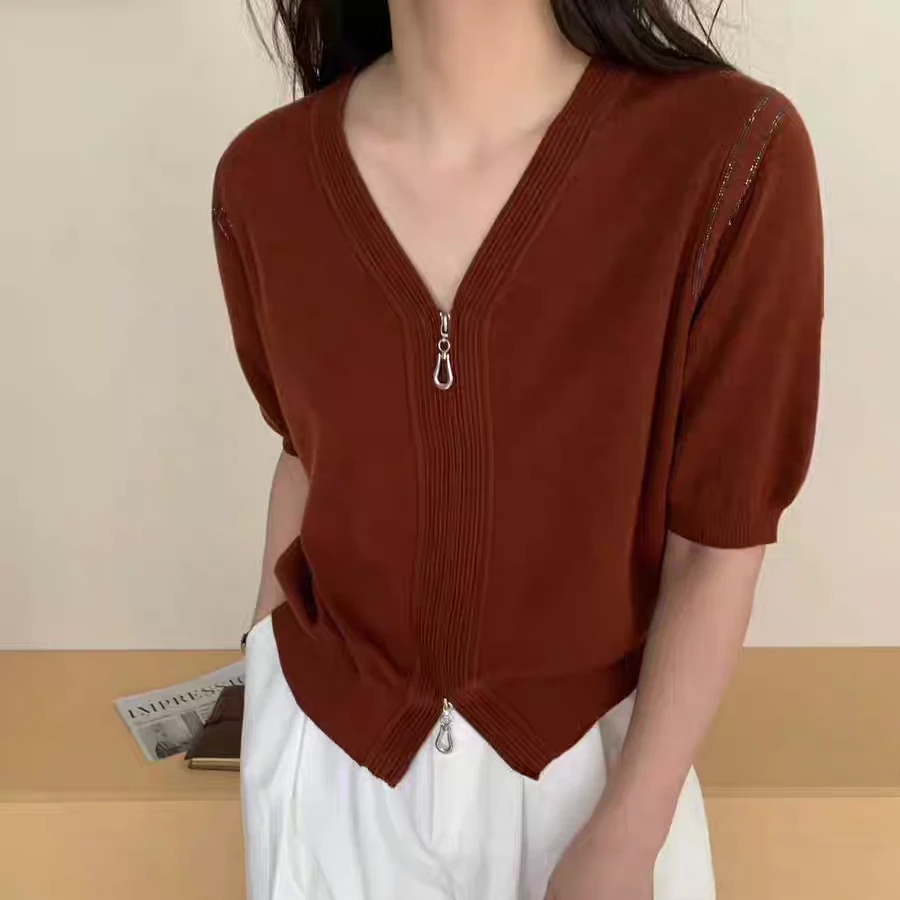 YUNDIE桑蚕丝羊毛安可拉红v领早秋拉链开衫初秋短袖针织衫毛衣女