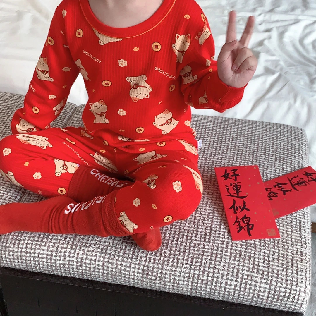 儿童大红拜年服冬款宝宝冬睡衣长袖纯棉套装喜庆儿童【身高+10拍】