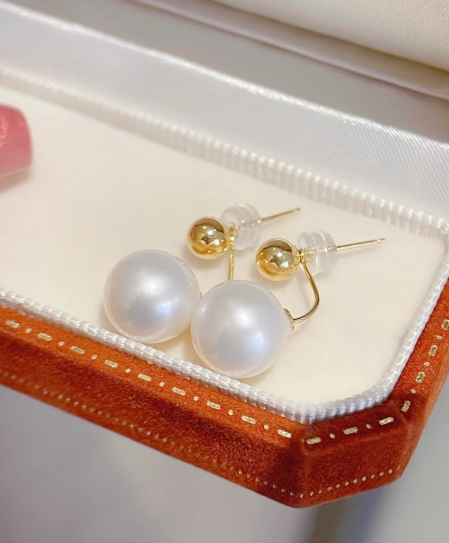 18 K金两戴珍珠耳环 金珠耳钉 乔妹珍珠耳饰10-10.5mm