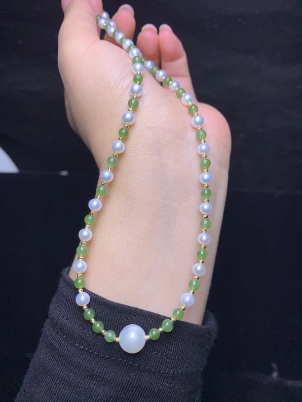 18K金天然珍珠和田碧玉项链 4-8mm 新中式古风项链