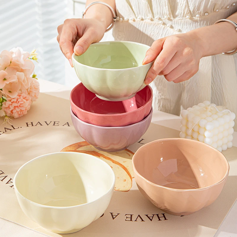 可爱荷花米饭碗陶瓷碗学生吃饭碗勺高颜值家用饭碗酸奶餐具碗韩系