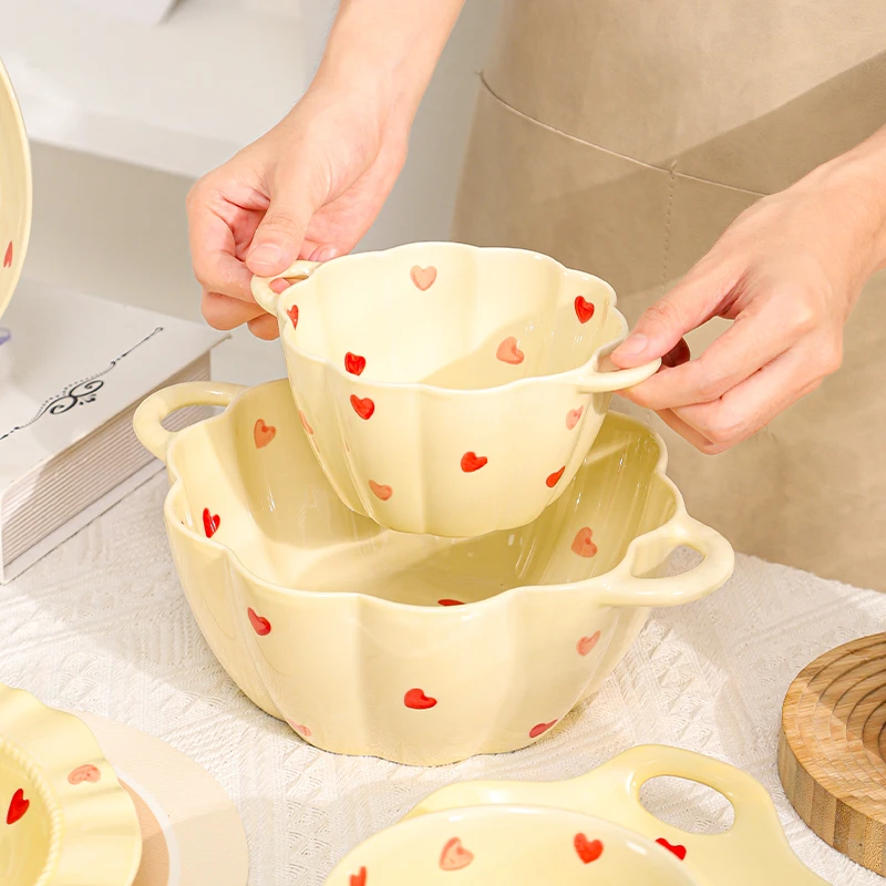 韩系陶瓷家用家用汤盆大容量汤碗可爱双耳碗学生螺蛳粉泡面碗大号