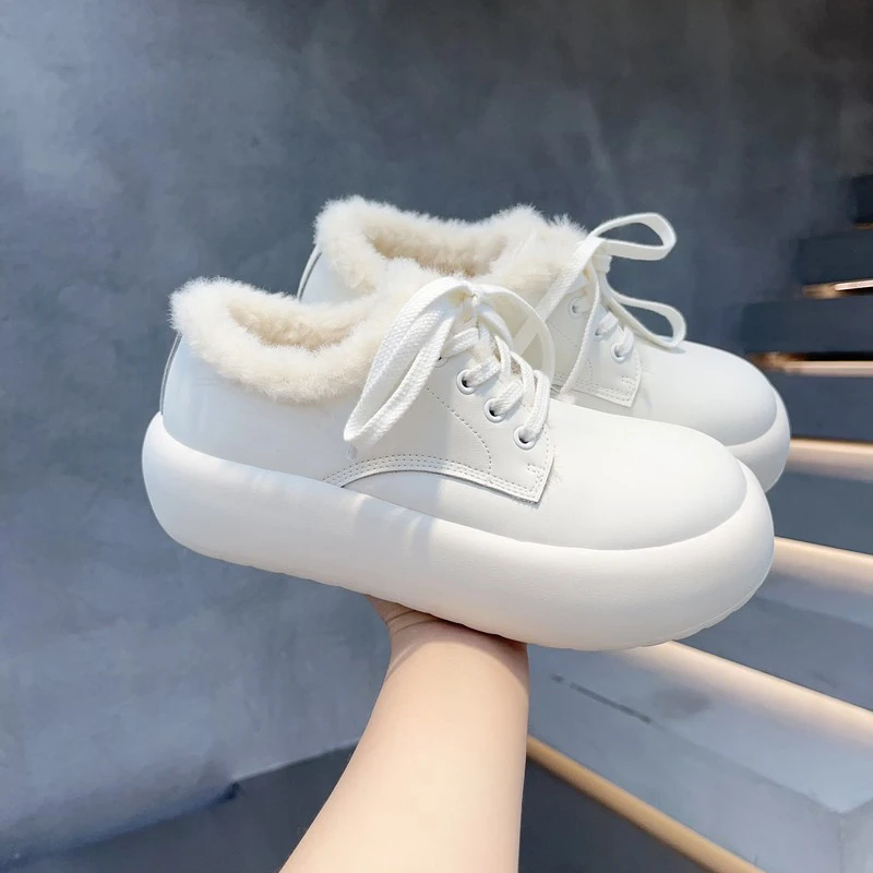 SGIRL TWTW冬日系圆头系带厚底加绒保暖面包棉鞋休闲毛毛小白鞋女