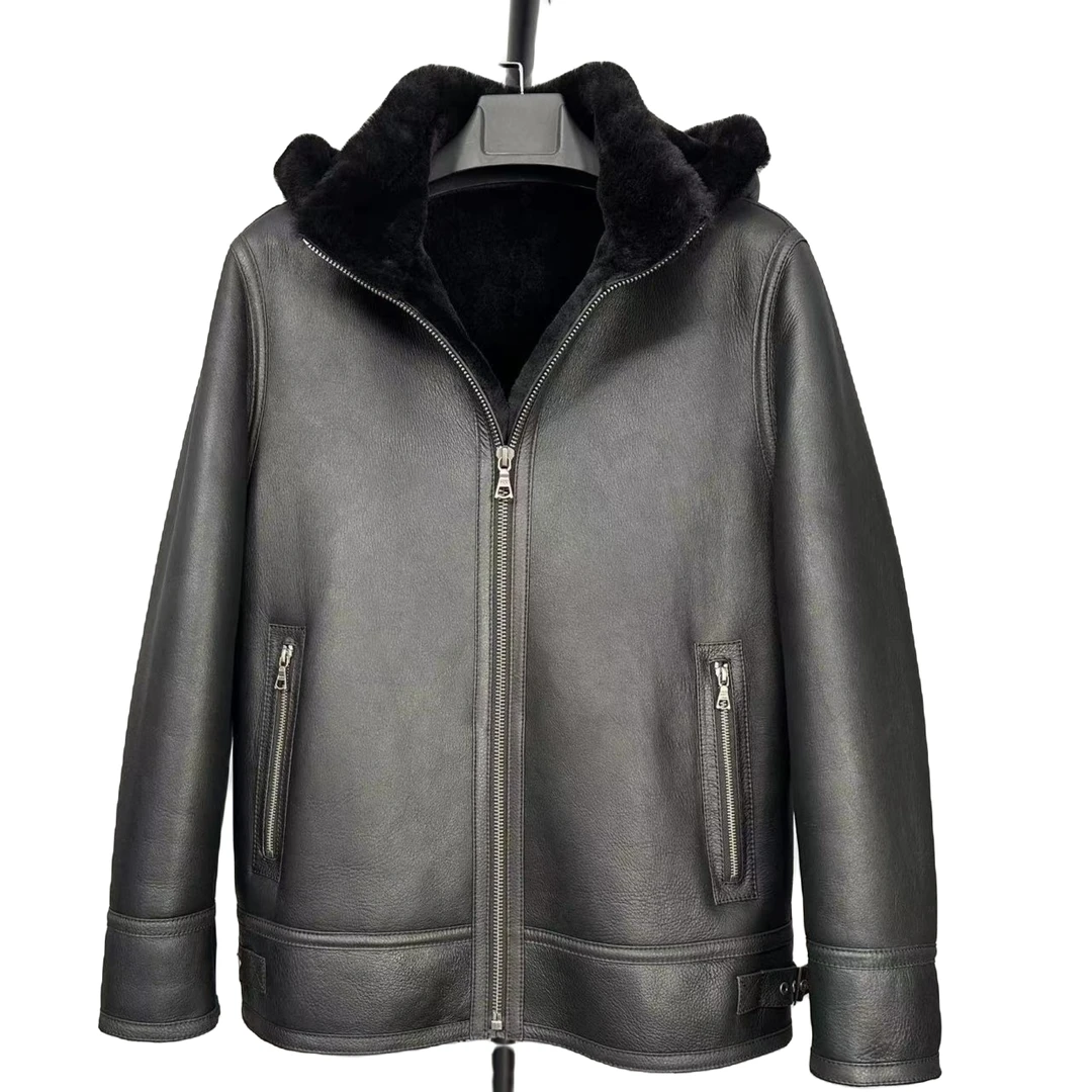 皮毛一体真皮真毛连帽保暖短款短款时尚休闲黑色男款男皮衣外套