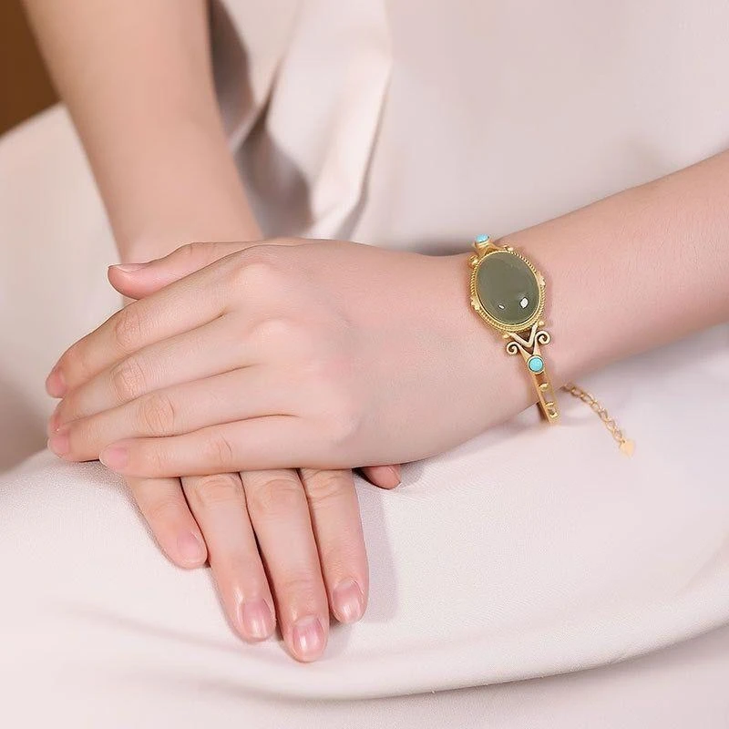 镶嵌绿石头复古风开口手链久不掉色